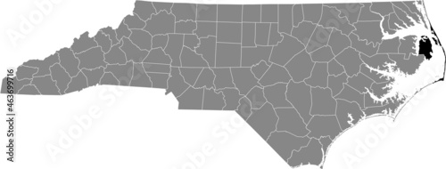 Black highlighted location map of the Dare County inside gray administrative map of the Federal State of North Carolina, USA