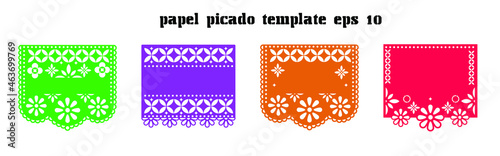 Mexican Papel Picado vector template. design of four colorful Mexican traditional art vectors with blank text to use as a template or mockup. eps 10 photo