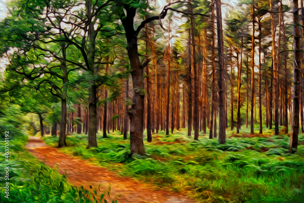 Dirt trail through trees in the Sherwood Forest near Nottingham. A city famous for its link to the Robin Hood legend, in England. Oil paint filter. Dirt trail through trees in the Sherwood Forest near Nottingham. A city famous for its link to the Robin Hood legend, in England. Oil paint filter.