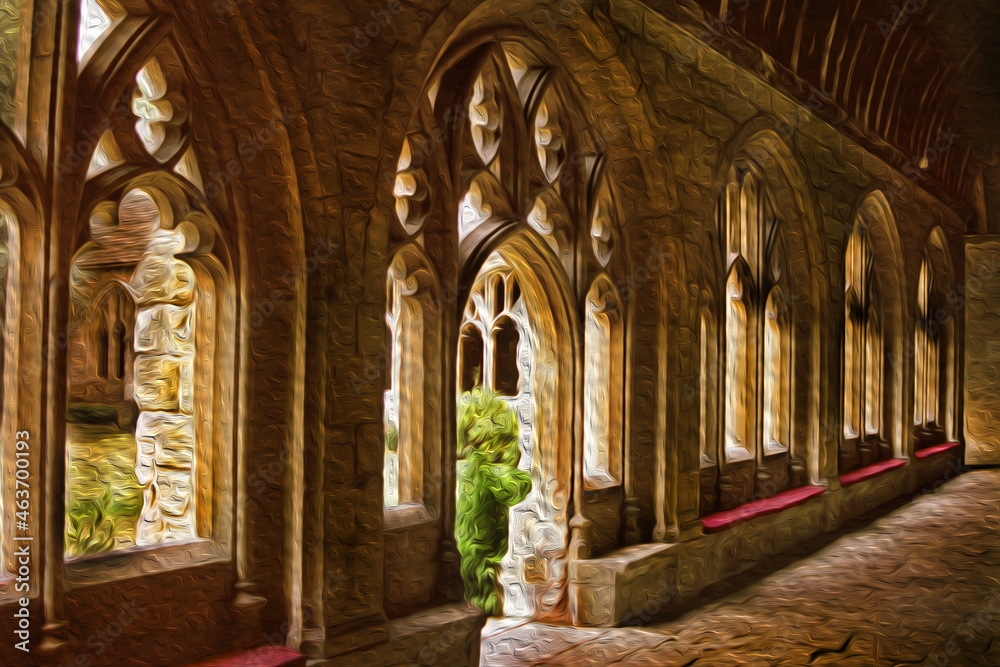 Cloister with door and windows decorated in gothic style on an old building of Cambridge. A peaceful university town in England. Oil paint filter.