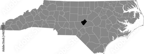 Black highlighted location map of the Lee County inside gray administrative map of the Federal State of North Carolina, USA