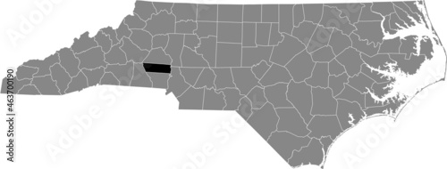 Black highlighted location map of the Lincoln County inside gray administrative map of the Federal State of North Carolina, USA