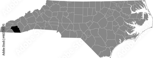 Black highlighted location map of the Macon County inside gray administrative map of the Federal State of North Carolina, USA