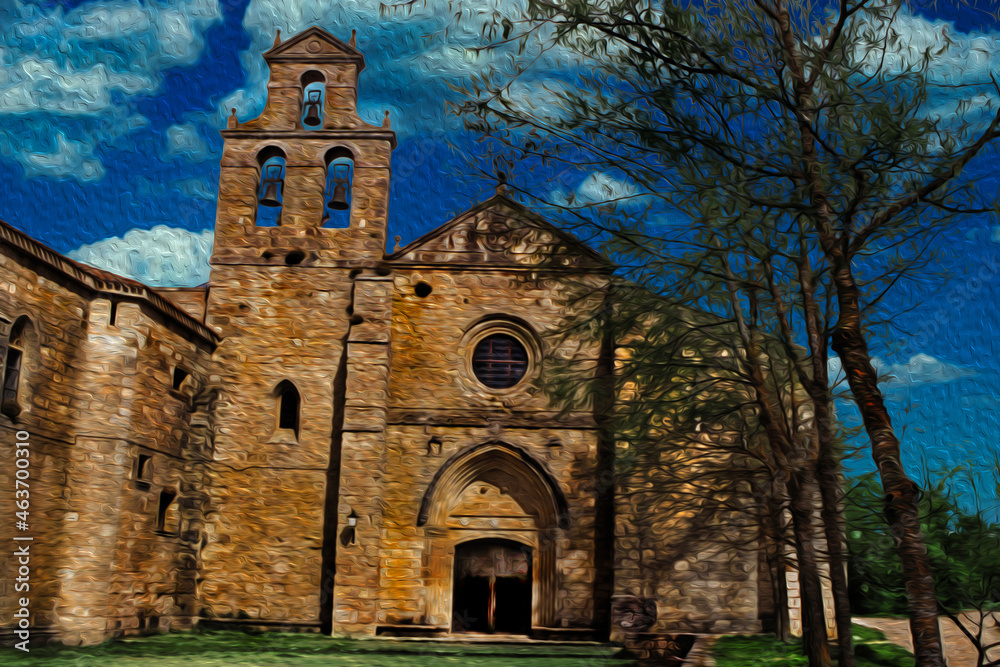Naklejka premium Facade of a gothic church with steeple on the Way of St. James. A famous pilgrimage route leading to Santiago de Compostela in Spain. Oil paint filter