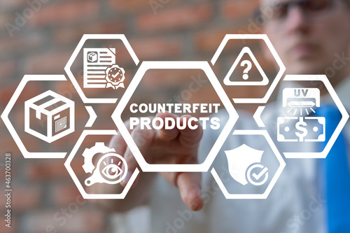 Concept of counterfeit products. Counterfeits goods and money crime. Counterfeiting fight. photo