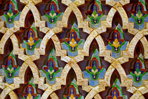 Wall ornate with exquisite and complex arabesques at the Hassan II mosque in Casablanca. The economic and business center of Morocco. Oil paint filter
