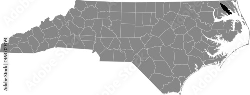 Black highlighted location map of the Pasquotank County inside gray administrative map of the Federal State of North Carolina, USA