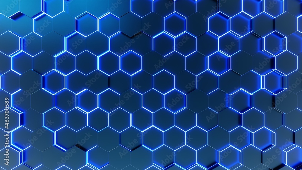 Abstract hexagon tiles with blue hexagon lights. technology background concept. 3d Rendering