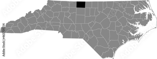 Black highlighted location map of the Rockingham County inside gray administrative map of the Federal State of North Carolina, USA