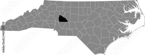 Black highlighted location map of the Rowan County inside gray administrative map of the Federal State of North Carolina, USA