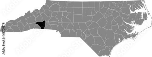 Black highlighted location map of the Rutherford County inside gray administrative map of the Federal State of North Carolina, USA