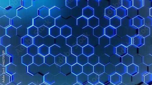 Abstract hexagon tiles with blue hexagon lights. technology background concept. 3d Rendering
