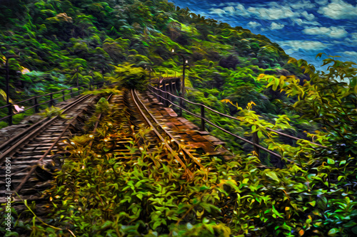 Train tracks of an old disused railway line over a bridge in the rainforest near Paranapiacaba. A small railway village in Brazil. Oil paint filter. photo