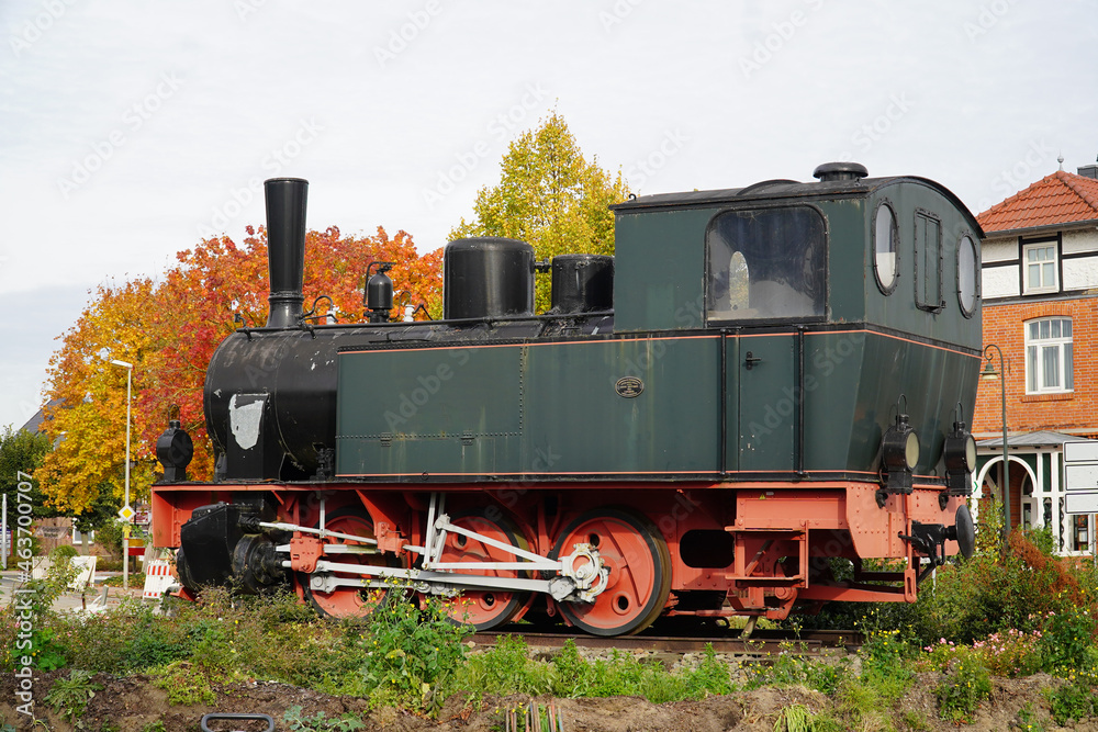 Fototapeta premium Meter gauge - locomotive, box - steam locomotive, which was in operation as a locomotive from the year 1899 in the area of Bruchhausen Diepholz, Lower Saxony, Germany.