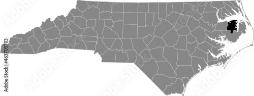 Black highlighted location map of the Tyrrell County inside gray administrative map of the Federal State of North Carolina, USA