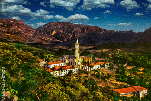 Peaks and valley covered by forest with the Caraca Sanctuary in the center. A beautiful region in the countryside of Brazil. Oil paint filter.