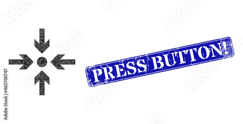 Low-poly meeting point constructed with random filled triangles, and grunge Press Button! seal stamp. Blue rounded framed rectangular stamp includes Press Button! text inside framed rectangle form.