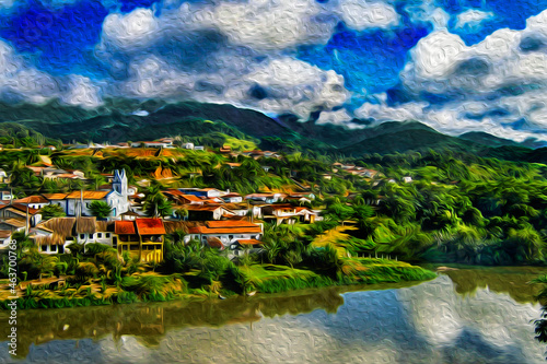 Hilly landscape covered by forest and a small village on riverbank in the Petar Park. A region famous for cave tourism in Brazil. Oil Paint filter.