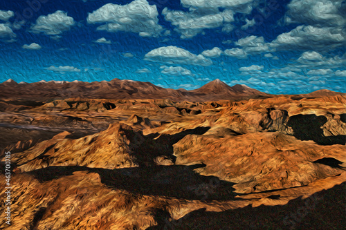 Desert landscape with peaks and rough terrain near San Pedro de Atacama. A tourist village on the Andean highland of Chile. Oil paint filter. © Celli07