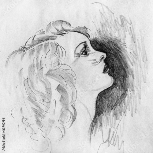 Art portrayal of sophisticated woman looking like a Hollywood movie star from the 40s. Pencil drawing.