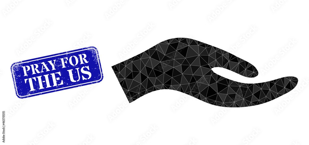 Low-poly petition hand constructed with chaotic filled triangles, and grunge Pray for the Us seal. Blue rounded framed rectangle seal has Pray for the Us tag inside framed rectangle shape. Low-poly petition hand constructed with chaotic filled triangles, and grunge Pray for the Us seal. Blue rounded framed rectangle seal has Pray for the Us tag inside framed rectangle shape.