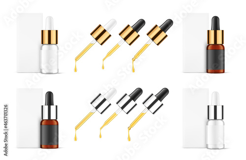 Dropper bottle mockups with different caps and cardboard box. Vector illustration. Front view. Сan be used for cosmetic, medical and other needs. Ideal for use in e-commerce. EPS10.	