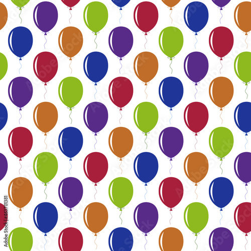 Seamless pattern of balloons blue, red, green, purple, orange colors on white background. Festive birthday and gift concept.