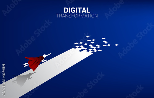 Silhouette of superhero flying on the way with pixel. concept of digital transformation of business.