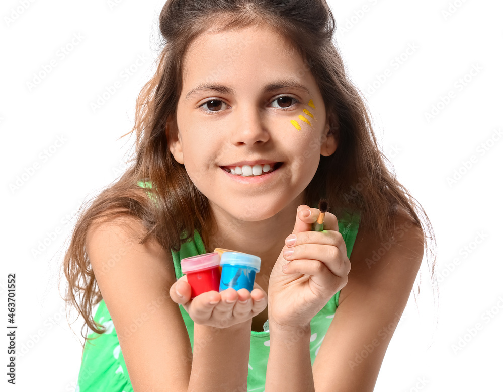 Cute little girl with paints and brush on white background Cute little girl with paints and brush on white background