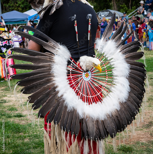 Photo of an eagle head and feathers in a circle as part of a dancer's regalia at a public pow wow event.