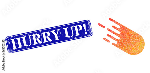 Low-poly bolide designed from scattered filled triangles, and grunge Hurry Up! watermark. Blue rounded framed rectangle stamp seal includes Hurry Up! title inside framed rectangle shape.