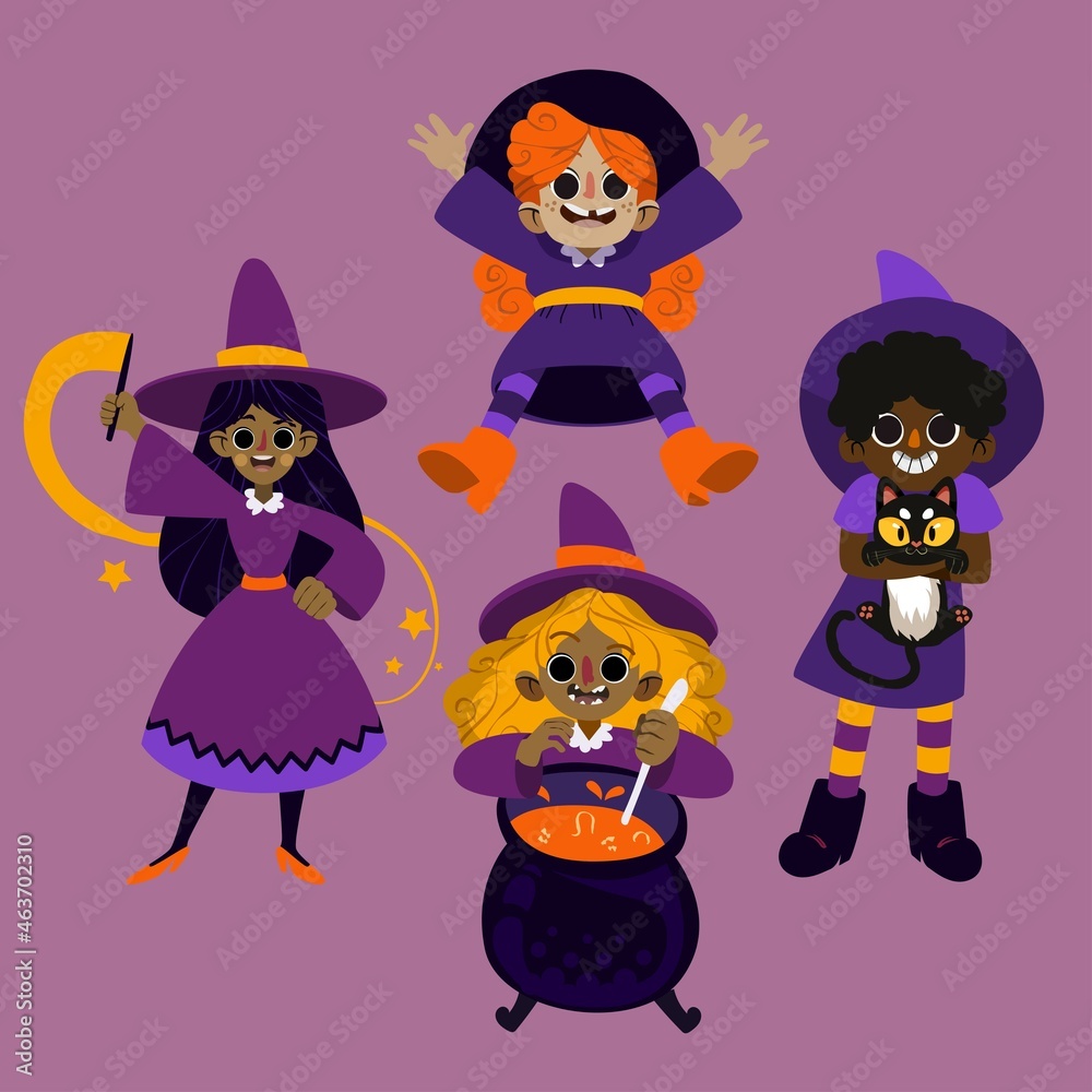hand drawn flat halloween witches collection vector design illustration hand drawn flat halloween witches collection vector design illustration