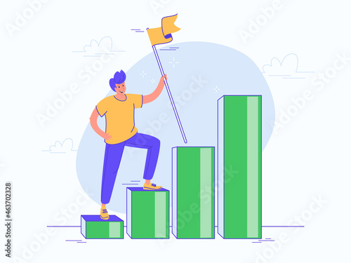 A new business milestone reached. Flat vector illustration of smiling man upstairs on a graph and holds a yellow flag. Concept character for motivation, goals achievement and success planning photo