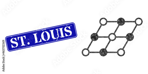 Low-poly inclined grid constructed from randomized filled triangles, and grunge St. Louis seal stamp. Blue rounded framed rectangle seal has St. Louis tag inside framed rectangle form.