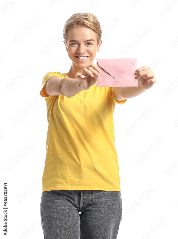 Young woman with pink envelope on white background Young woman with pink envelope on white background