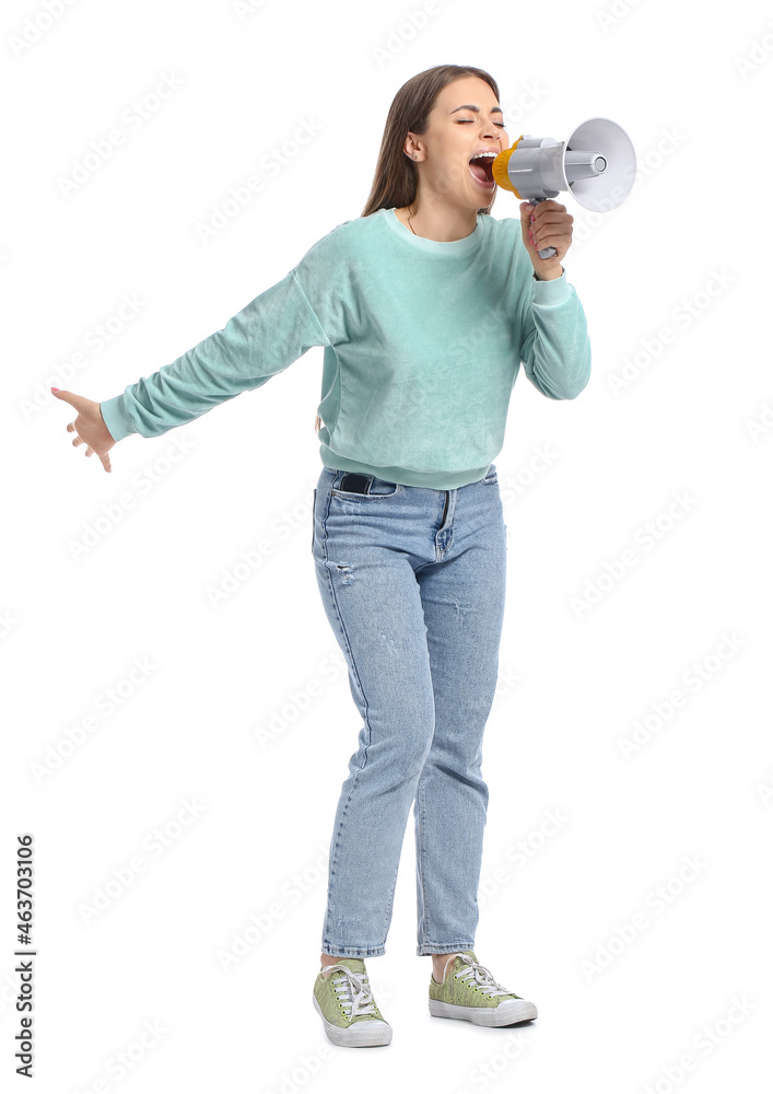 Young woman shouting into megaphone on white background Young woman shouting into megaphone on white background