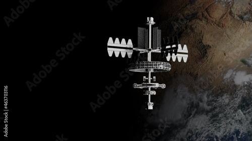 space station on orbit of the Earth 3d futuristic graphics sci-fi space ship with rings and solar panel