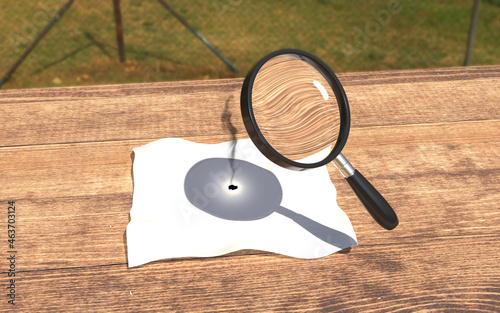Paper burning experiment with focused light with magnifying. 3D Rendering.