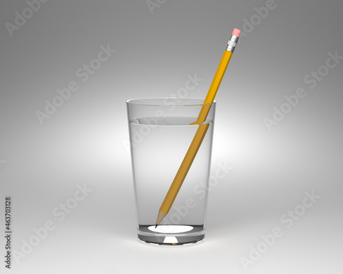 Light refraction experiment in a glass of water. 3D Rendering.