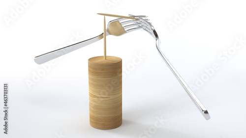 Balancing forks experiment on white background. 3D Rendering.
