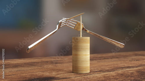 Balancing forks experiment on white background. 3D Rendering.