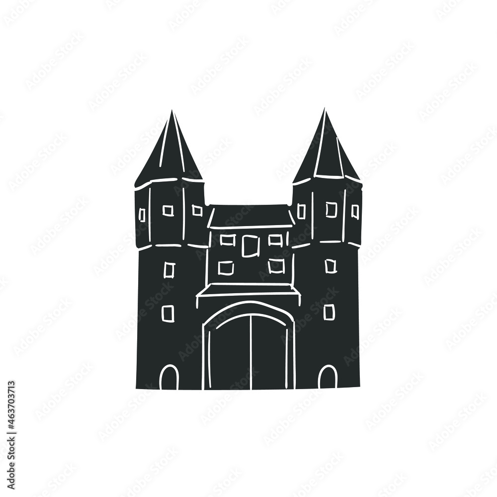 Castle Icon Silhouette Illustration. Medieval Buildings Vector Graphic Pictogram Symbol Clip Art. Doodle Sketch Black Sign.