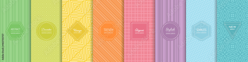 Rainbow vector geometric seamless patterns collection. Set of bright colorful backgrounds with trendy minimal labels. Cute abstract modern textures. Simple pattern design bundle for babies, kids, deco