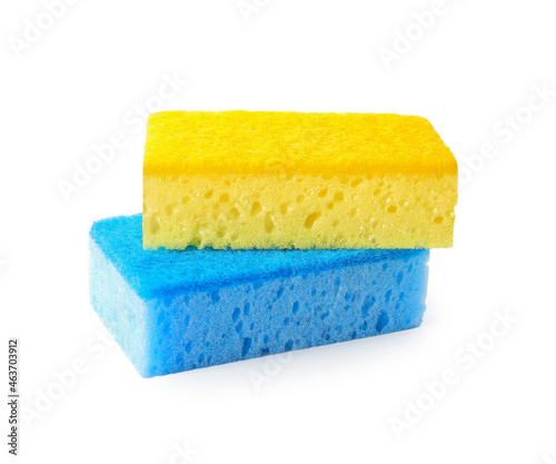 Different cleaning sponges on white background