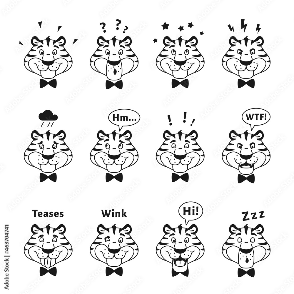 Black white outline funny tigers heads set with facial expression. Happy striped wild cat emoticon on white background. Kids coloring page. Animal face sketch with emotion line vector illustration.