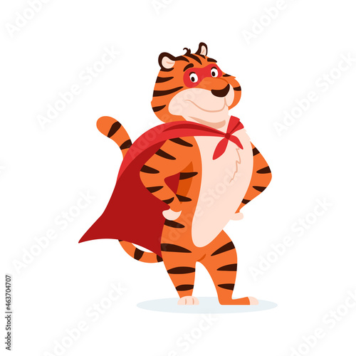 Cartoon smiling striped tiger in superhero costume isolated on white background. Cute funny joyful wild cat. Holiday standing cheerful animal character super hero in red mantle vector illustration.