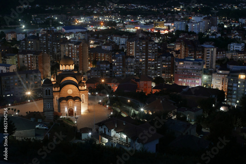 High angle beautiful scenery of Cityscape, Mitrovica, Kosovo at night photo