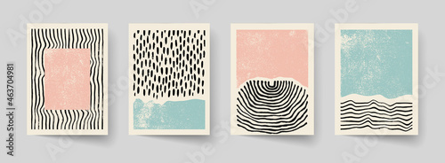Set of abstract hand drawn compositions. Minimal geometric posters. Boho wall decor.