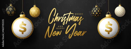 Merry Christmas gold dollar symbol banner. Dollar sign as christmas bauble ball hanging greeting card. Vector image for xmas, finance, new years day, banking, money