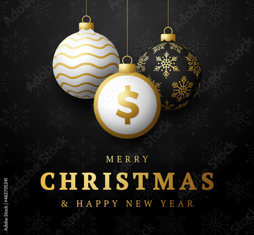 Merry Christmas gold dollar symbol banner. Dollar sign as christmas bauble ball hanging greeting card. Vector image for xmas, finance, new years day, banking, money